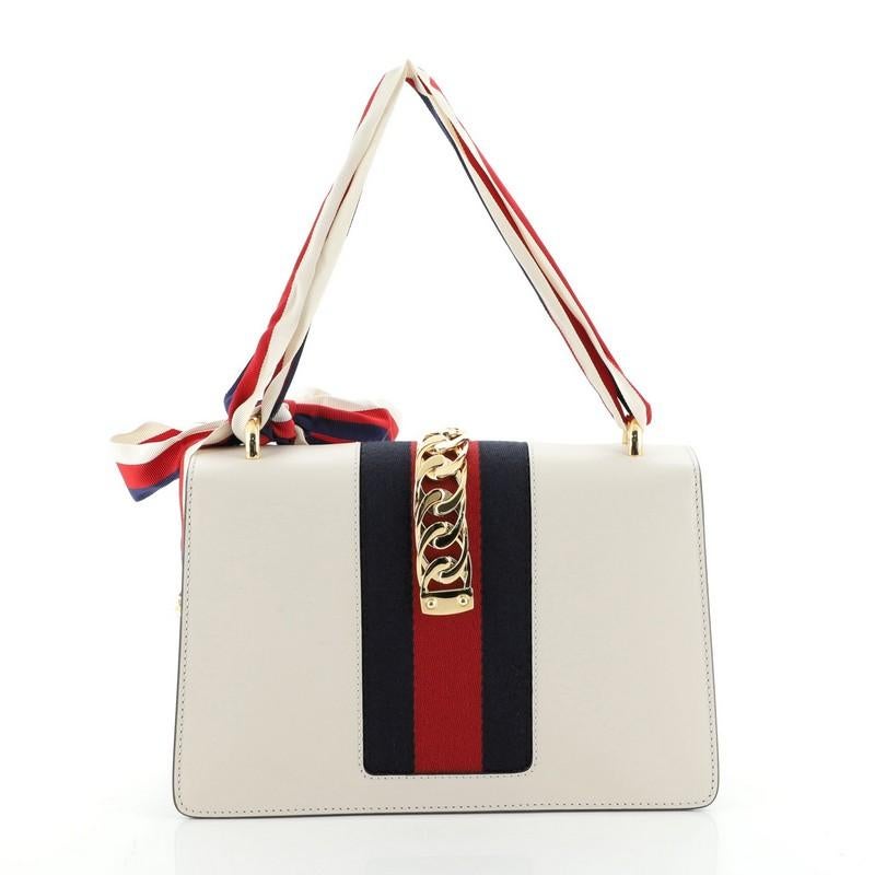 Beige Gucci  Sylvie Shoulder Bag Embroidered Leather Small