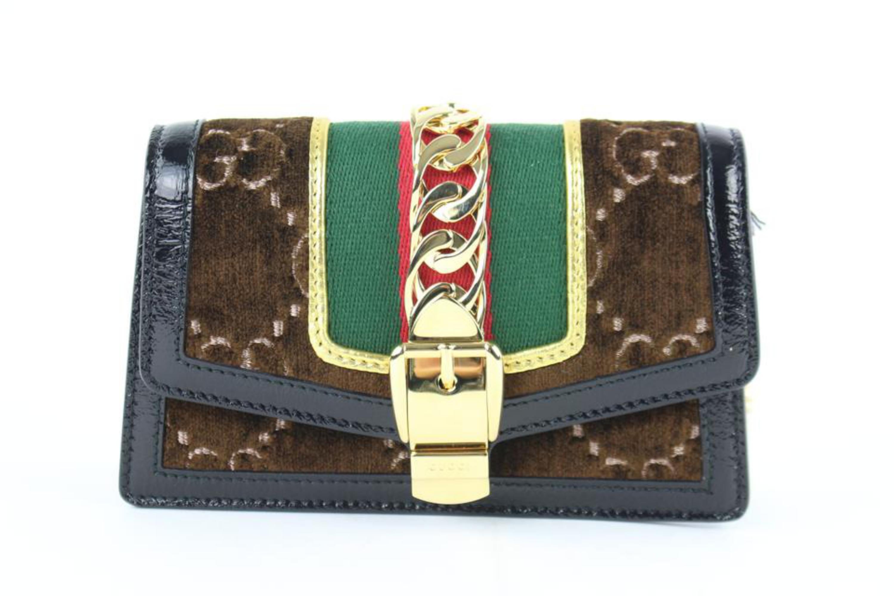 Black Gucci Sylvie Super Mini Gg Chain 12ge0110 Brown Velvet Cross Body Bag For Sale