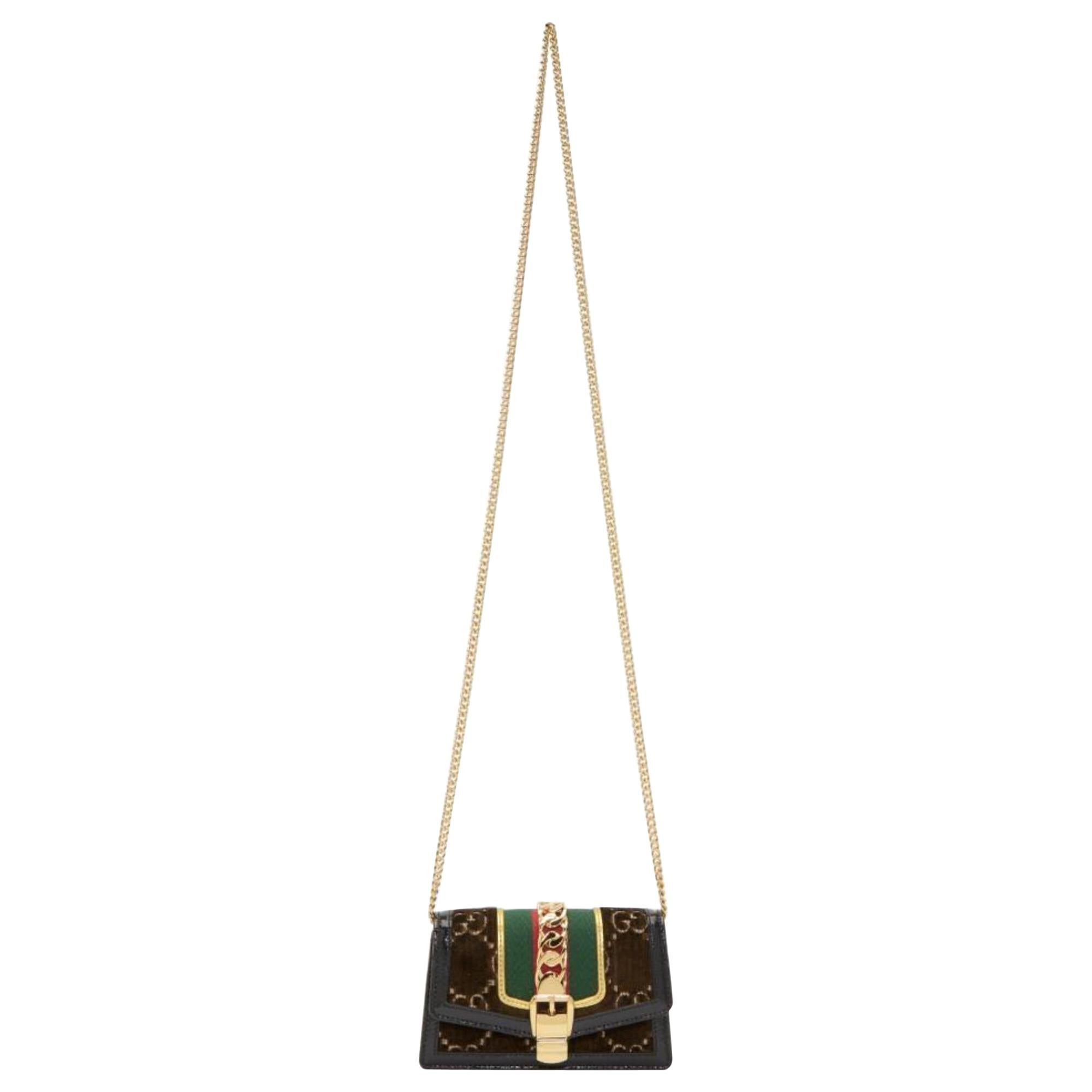 Gucci Sylvie Super Mini Gg Chain 12ge0110 Brown Velvet Cross Body Bag For Sale