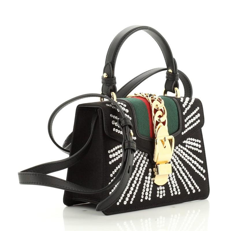 Black Gucci Sylvie Top Handle Bag Crystal Embellished Satin Mini