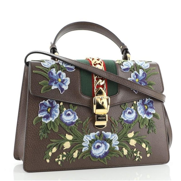 Gucci Sylvie Top Handle Bag Embroidered Leather Medium at 1stDibs