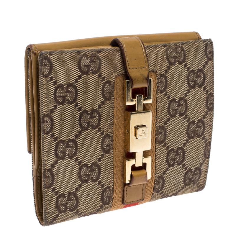 Women's Gucci Tan/Beige GG Canvas and Leather Jackie Compact Wallet