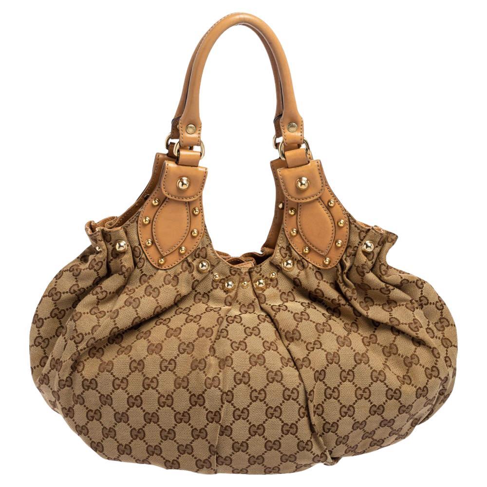 Gucci Tan/Beige GG Canvas and Leather Pelham Studded Hobo