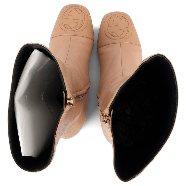 GUCCI tan beige leather SOHO GG BLOCK HEEL MID CALF Boots Shoes 37 - Main Image
