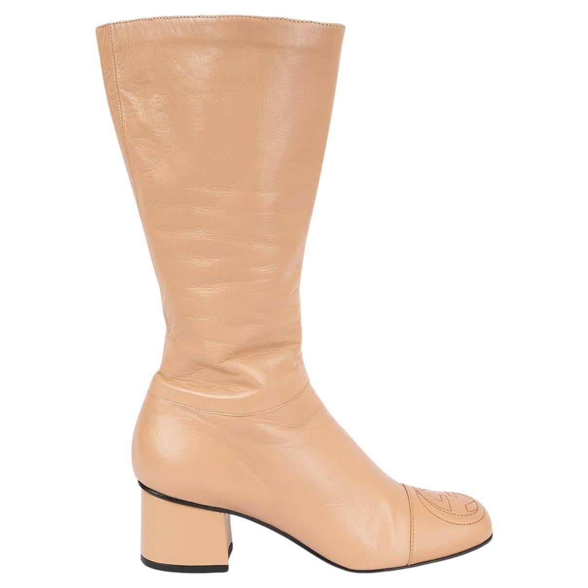 Gucci Tan Beige Leather Soho GG Block Heel Mid Calf Boots Shoes 37