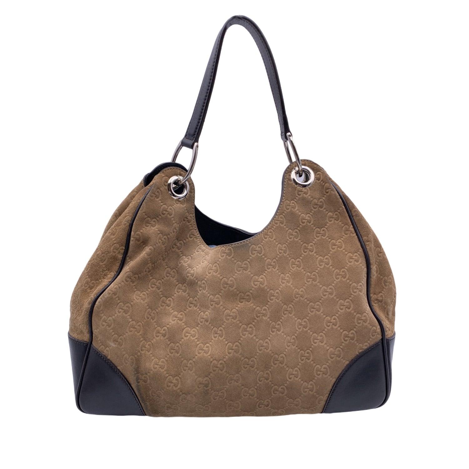 Gucci Tan Beige Monogram Suede Hobo Shoulder Bag In Excellent Condition In Rome, Rome