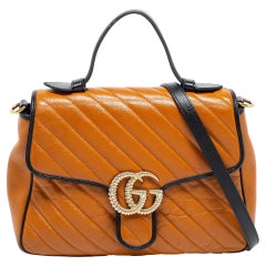 Gucci Tan/Black Diagonal Quilted Leather GG Marmont Torchon Top Handle Bag