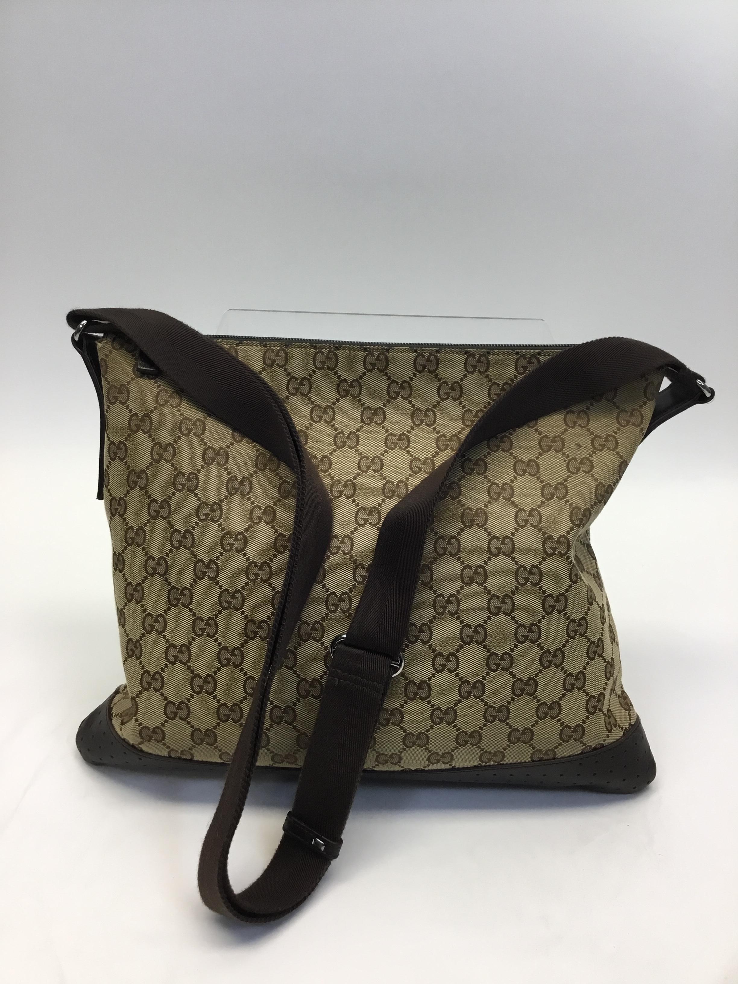 Brown Gucci Tan Canvas Monogram Crossbody with Leather Trim For Sale