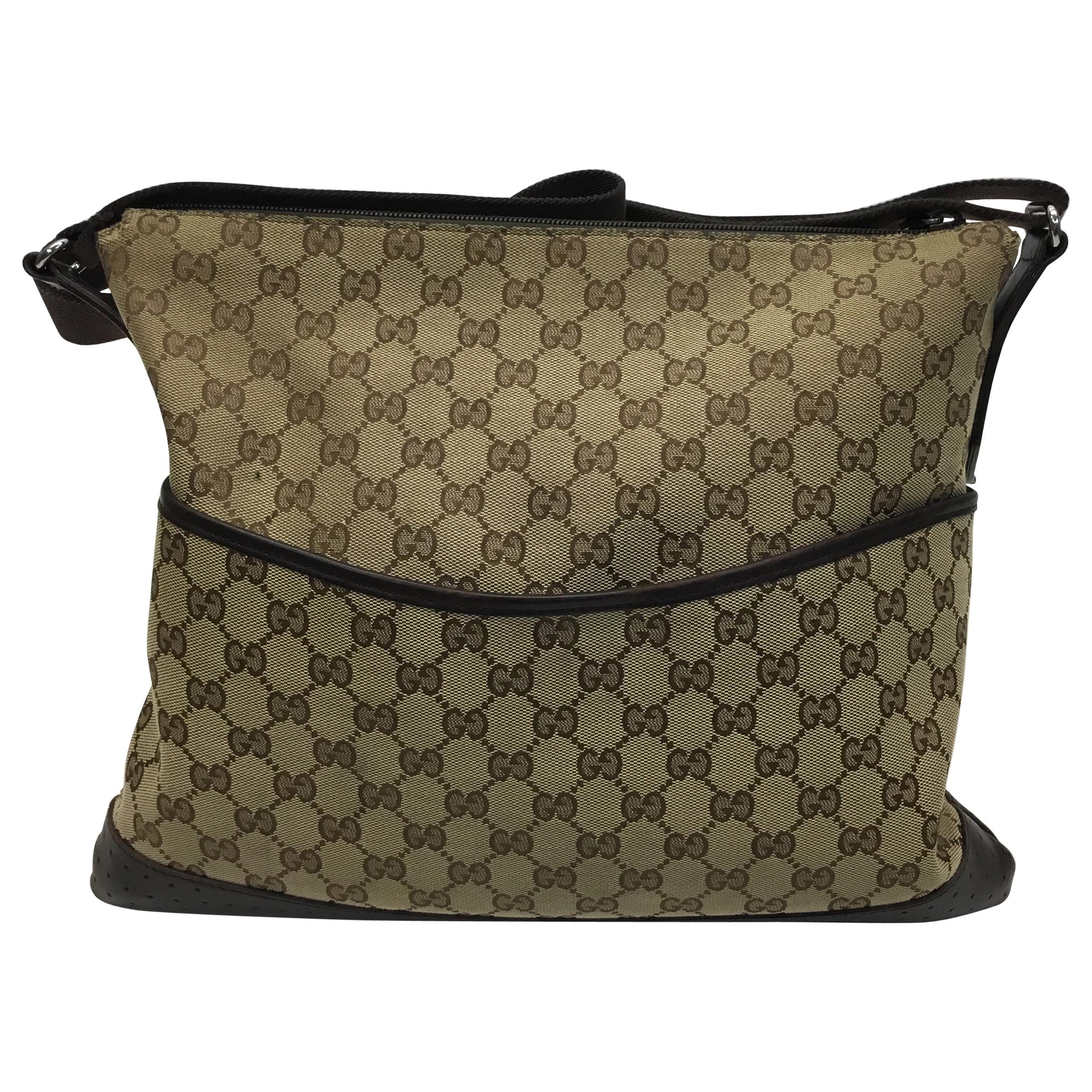 Gucci Tan Canvas Monogram Crossbody with Leather Trim For Sale