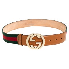 Cinturón Gucci de lona y cuero marrón/verde con hebilla G entrelazada 80CM