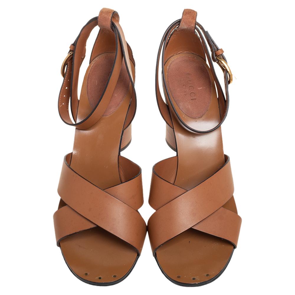 Brown Gucci Tan Leather And Suede Crisscross Ankle Strap Sandals Size 39