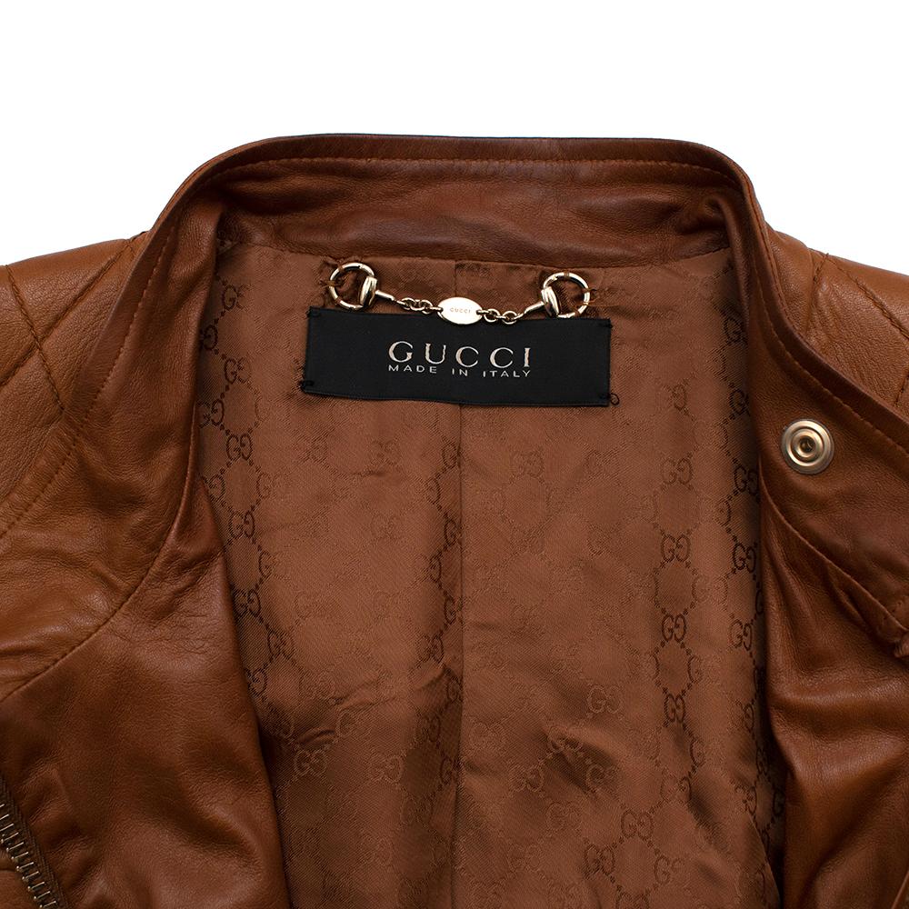 Brown Gucci Tan Leather Asymmetric Biker Jacket - Size US 0-2  For Sale