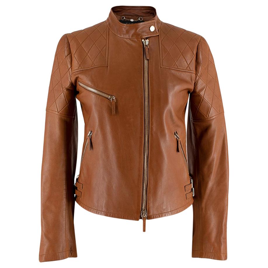 Gucci Tan Leather Asymmetric Biker Jacket - Size US 0-2  For Sale