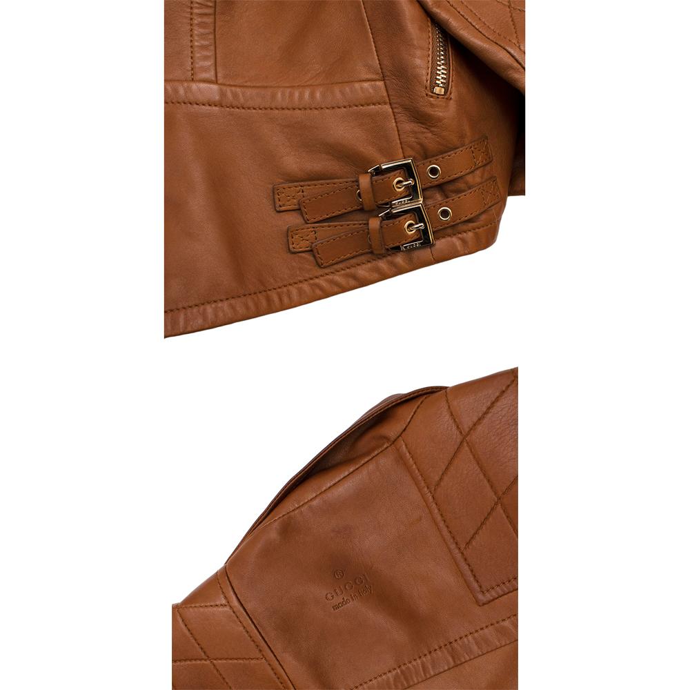 Brown Gucci Tan Leather Asymmetric Biker Jacket - Size US 0-2  For Sale