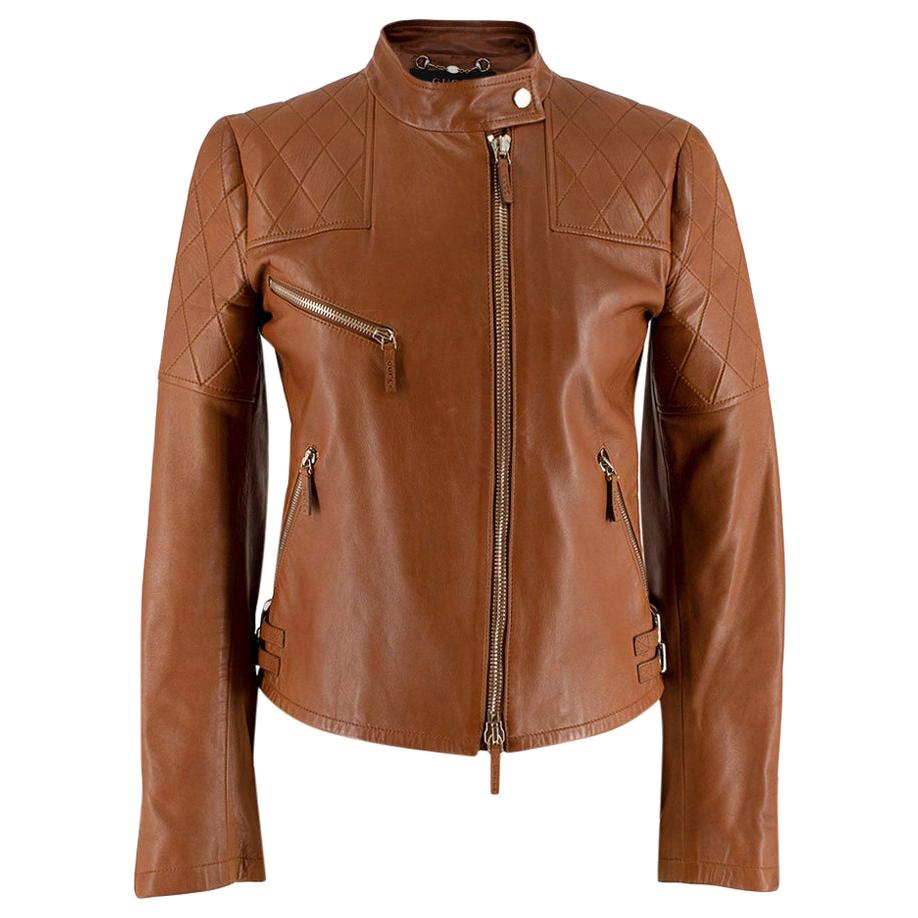 Gucci Tan Leather Asymmetric Biker Jacket - Size US 0-2  For Sale