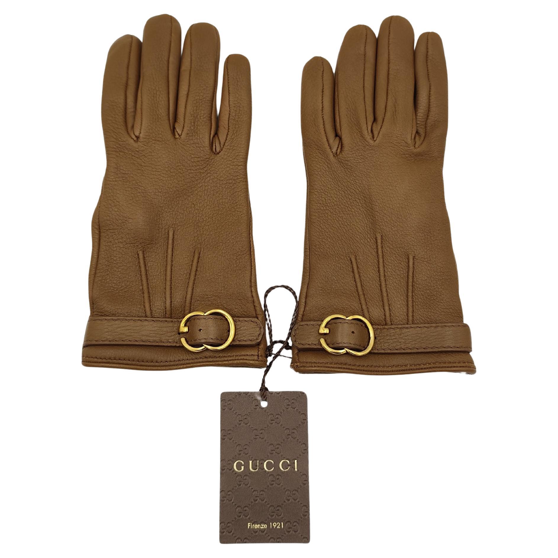 Gucci brown leather golden metal logo buckle gloves