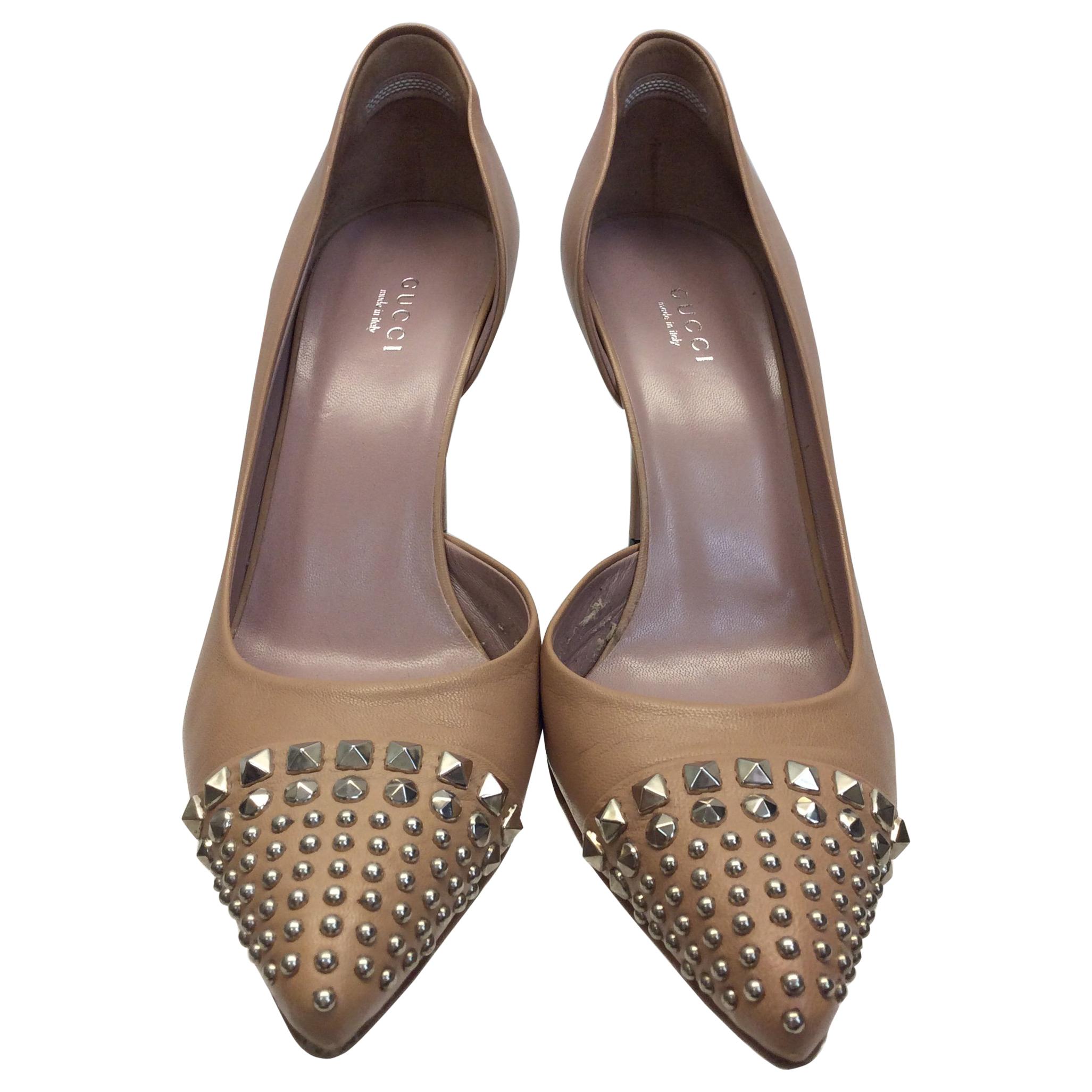 Gucci Tan Leather Studded Heels For Sale