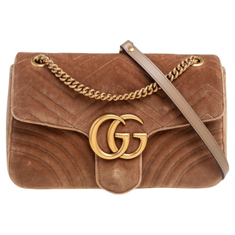 Gucci Tan Matelassé Velvet Medium GG Marmont Shoulder Bag at 1stDibs |  brown gucci marmont bag, gucci marmont caramel