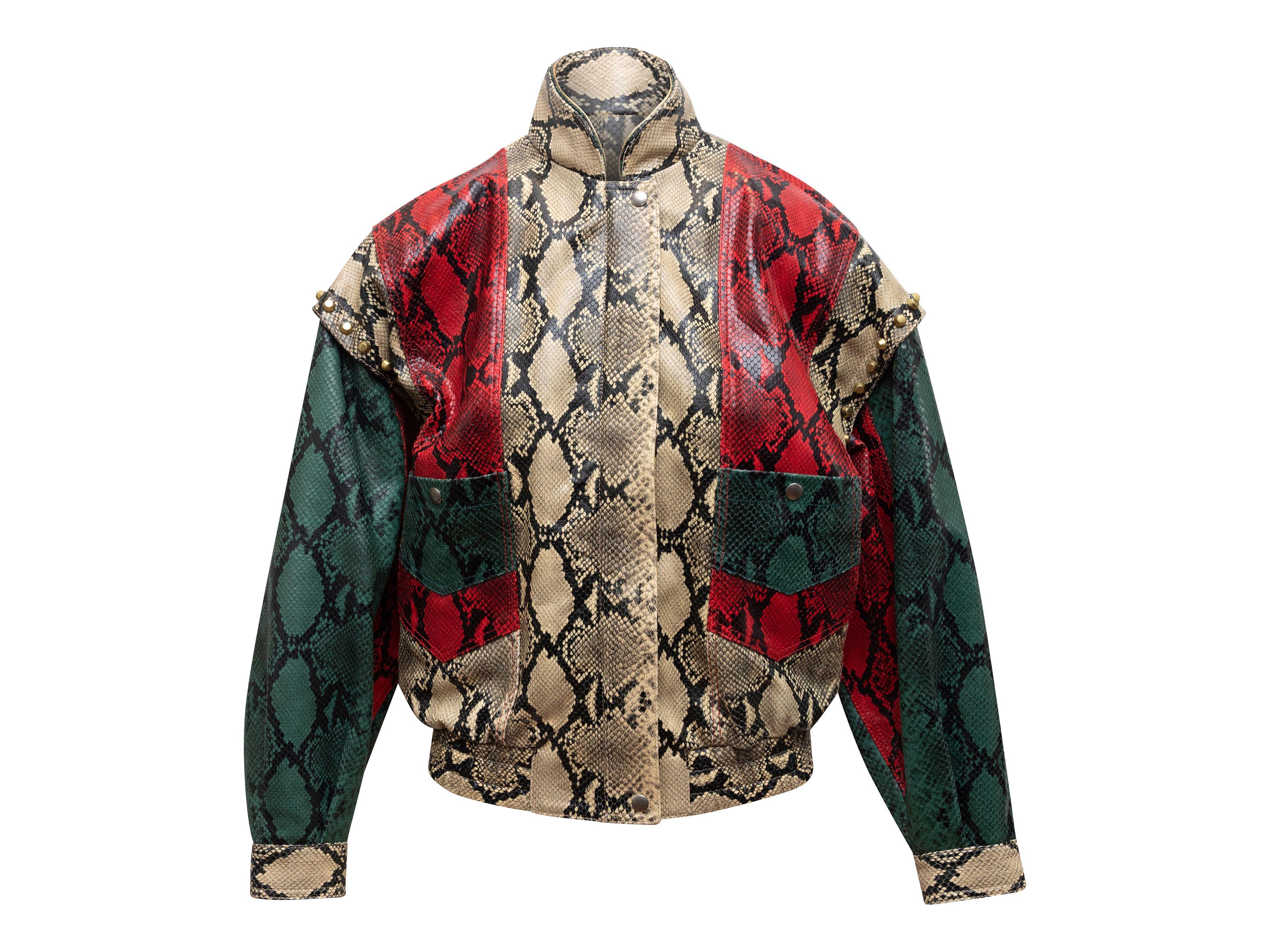 Gucci Tan & Multicolor Python Printed Leather Bomber Jacket 3