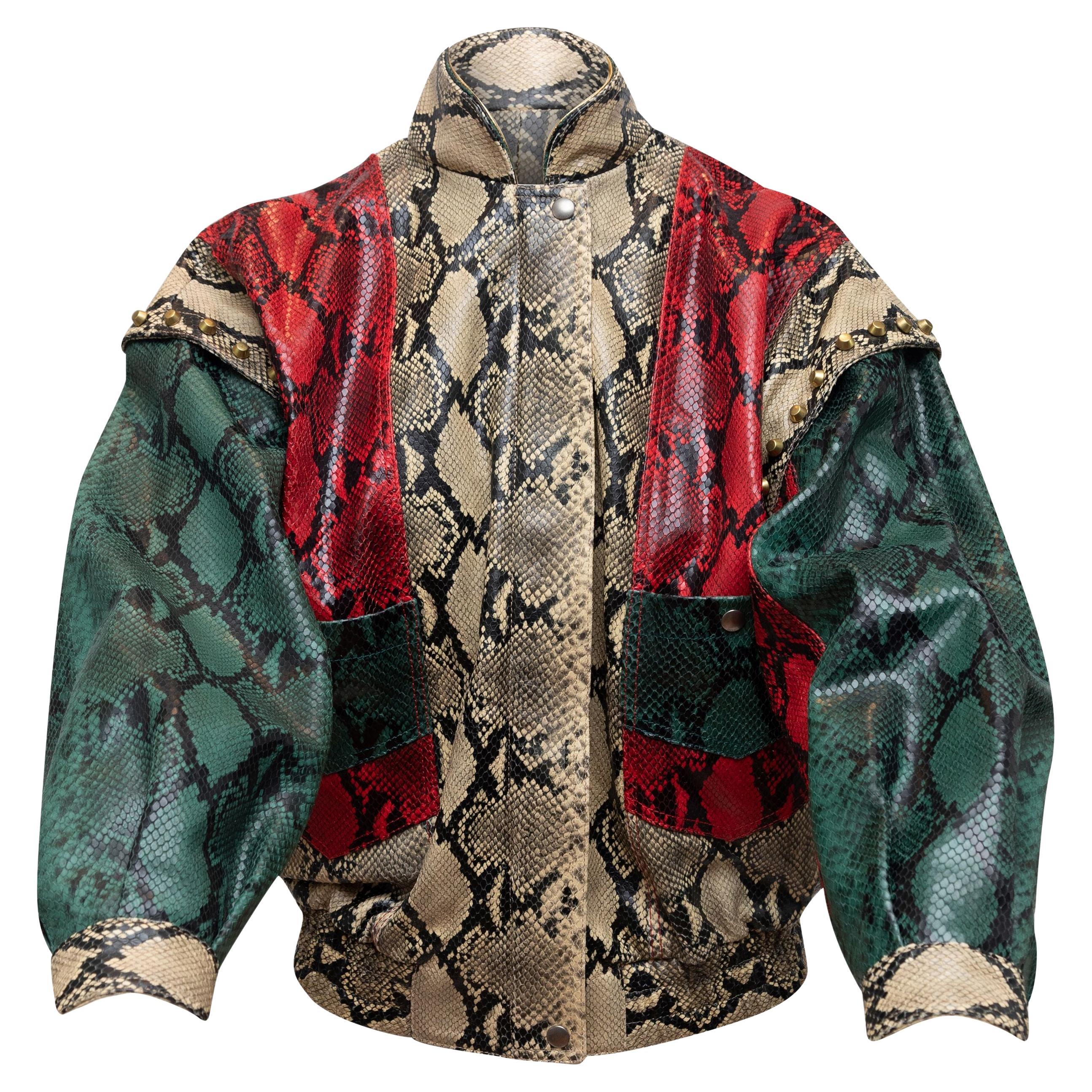 Gucci Tan & Multicolor Python Printed Leather Bomber Jacket