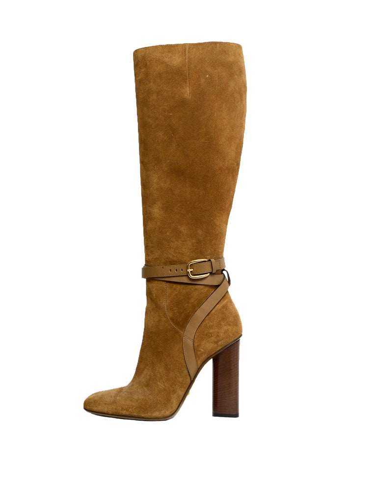 Gucci Tan New Marron Glace Knee High Boots w Ankle Strap sz 39 rt 1 495