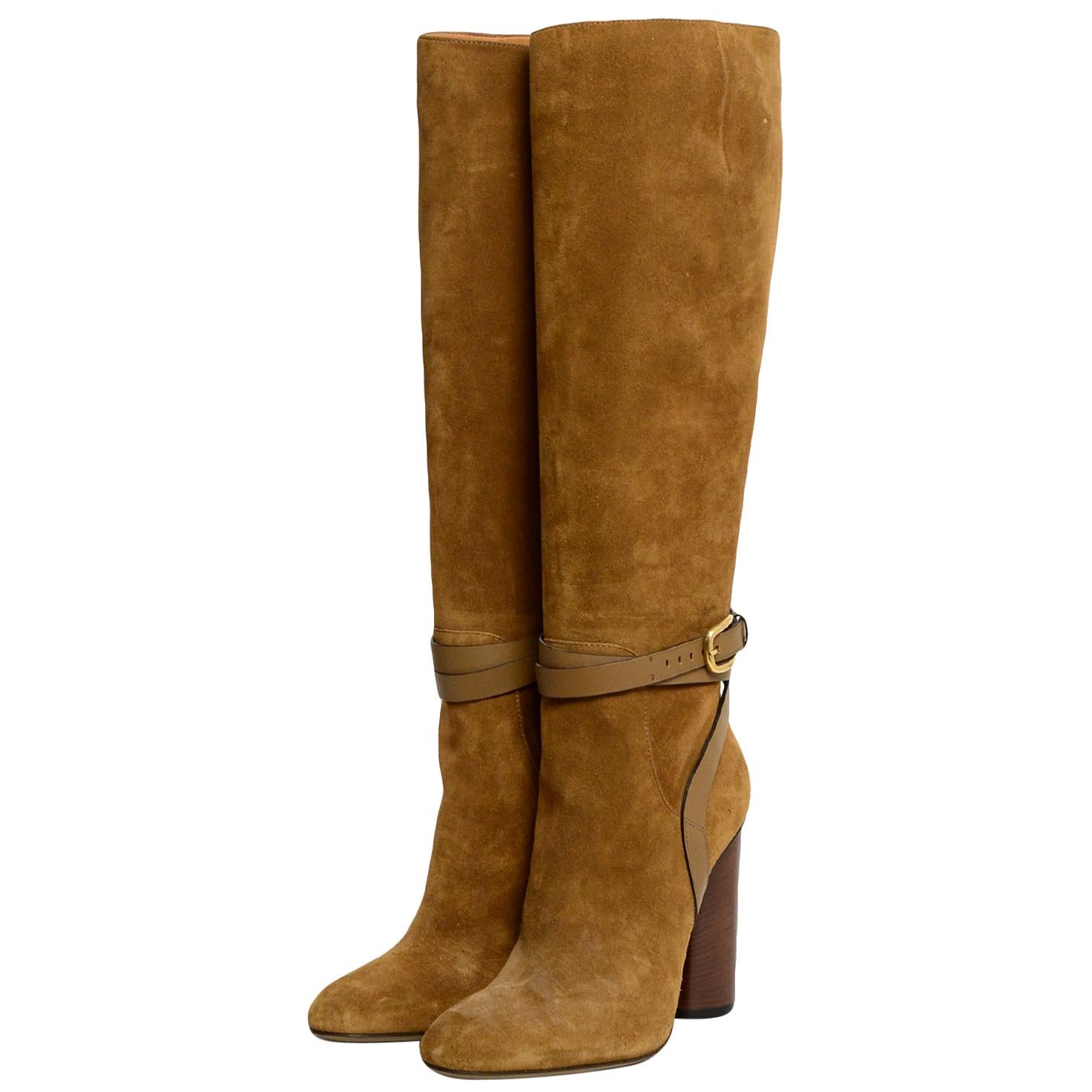 Gucci Tan New Marron Glace Knee-High Boots w/ Ankle Strap sz 39 rt $1, 495