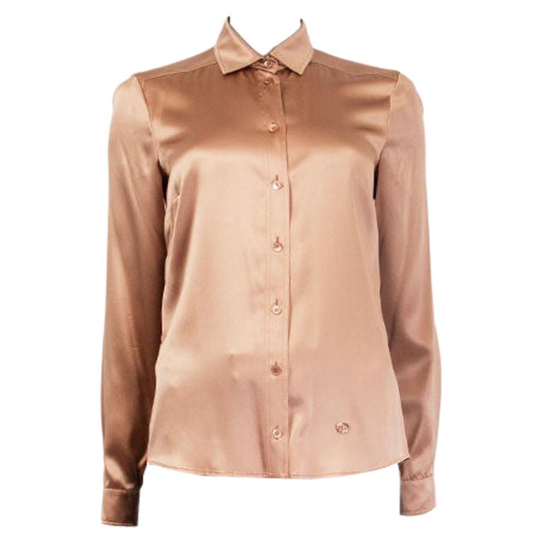 GUCCI tan silk SATIN Button Up Shirt 40 S at 1stDibs