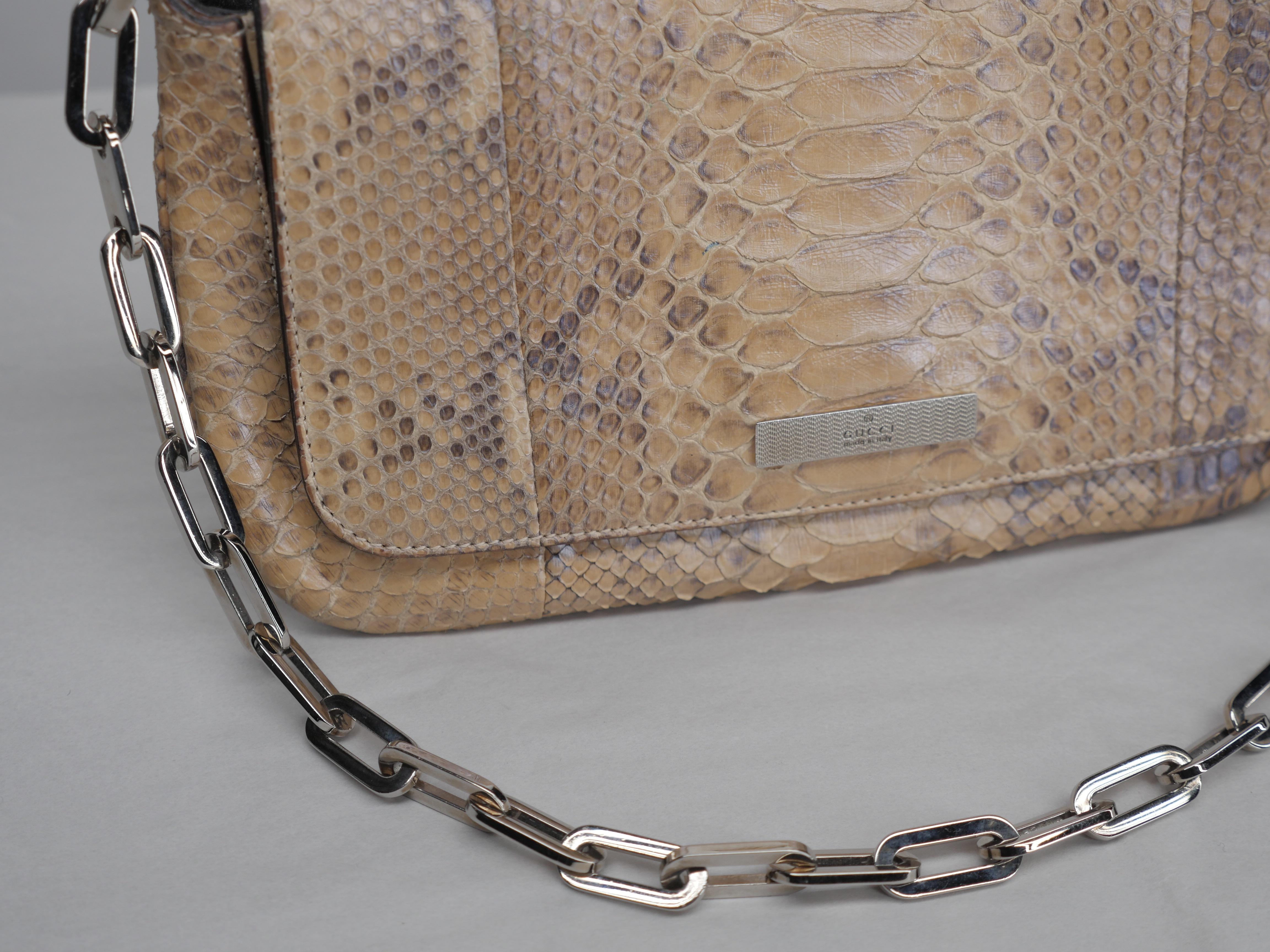 Small Python Flap Shoulder Bag w/ Silver Retangular Chain Link Strap