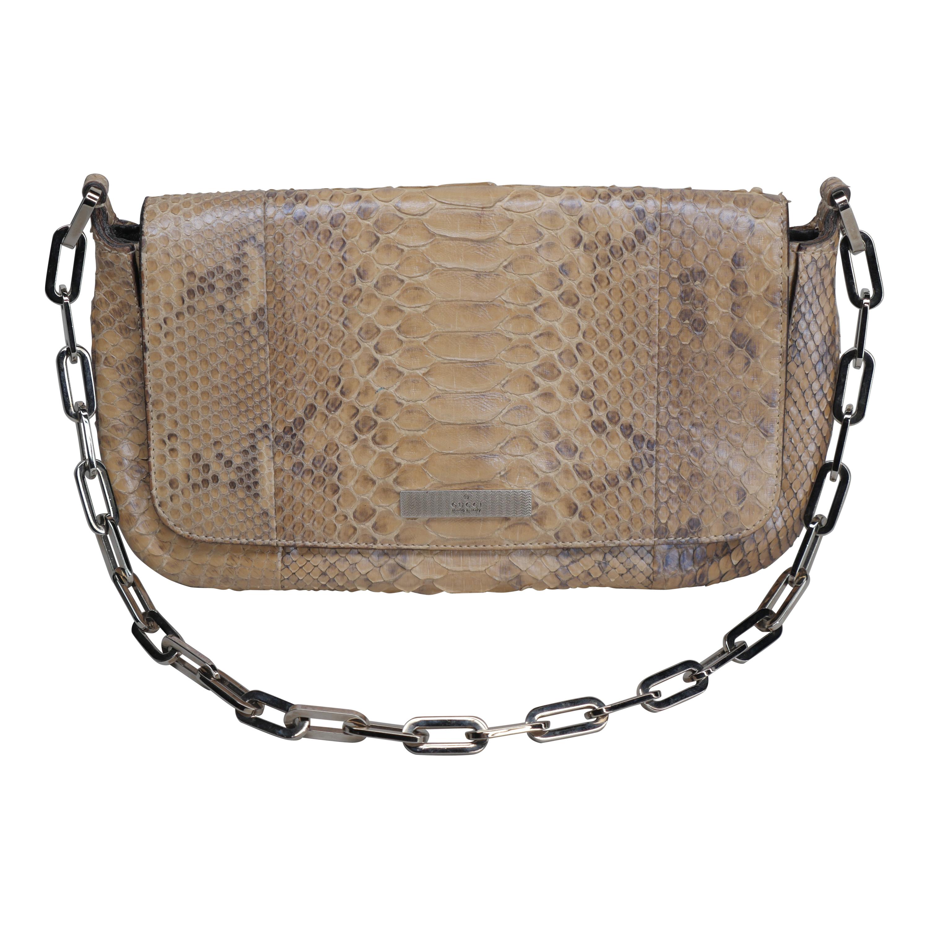 Gucci Tan Small Python Flap Shoulder Bag with Chain Link Strap