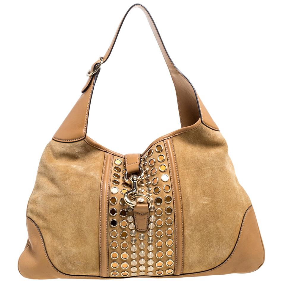 Gucci Tan Suede and Leather Jackie O Grommet Hobo