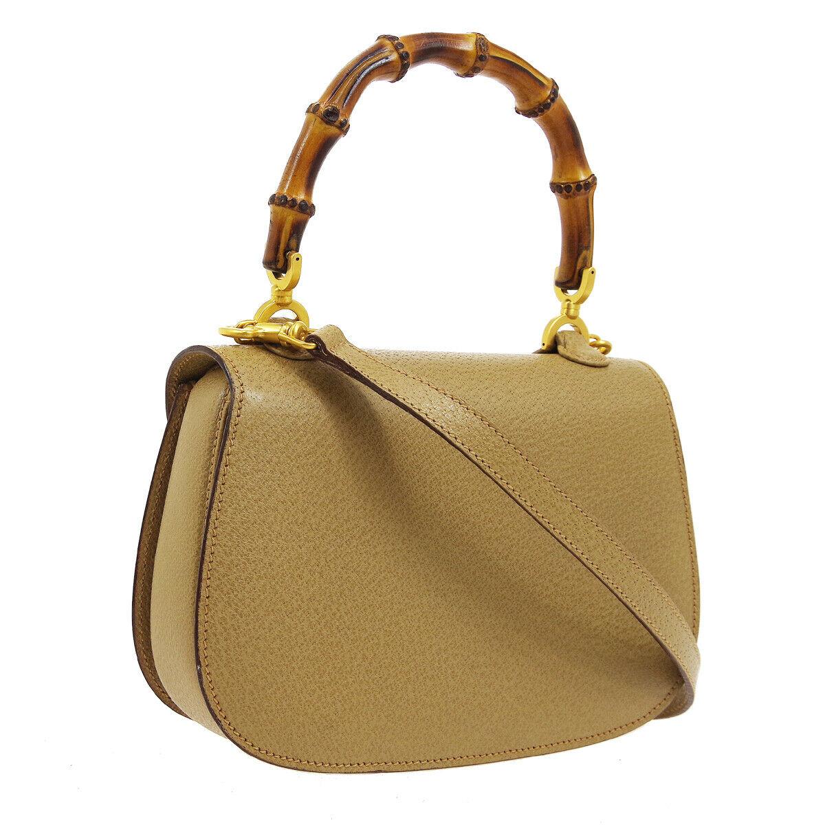 Brown Gucci Tan Taupe Leather Bamboo Mini Kelly Style Top Handle Satchel Evening Bag 