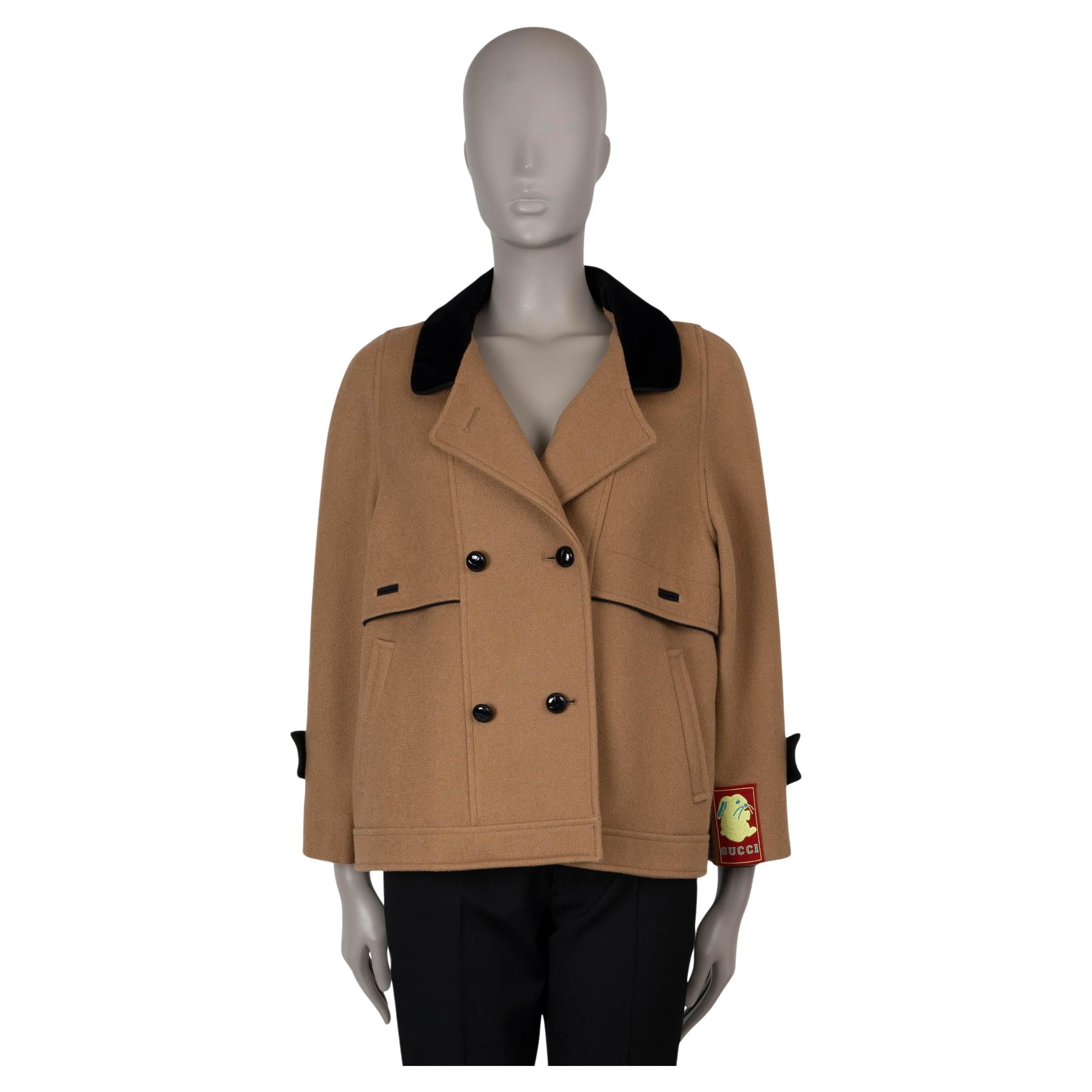 GUCCI tan wool 2022 RABBIT VELVET TRIM Peacoat Jacket 36 XS For Sale
