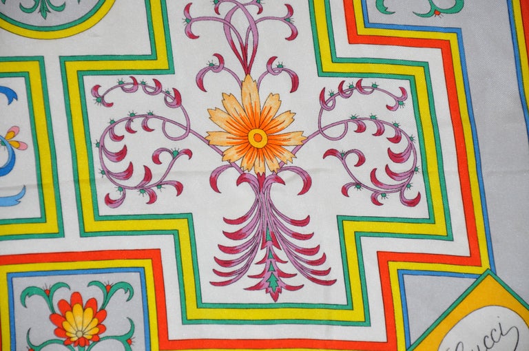 Gucci Tangerine Border Abstract Floral Silk Scarf For Sale at 1stDibs