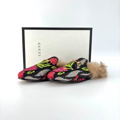 Gucci Tapestry Brocade Fur Lined Princetown Mules Slip On Flats 36.5