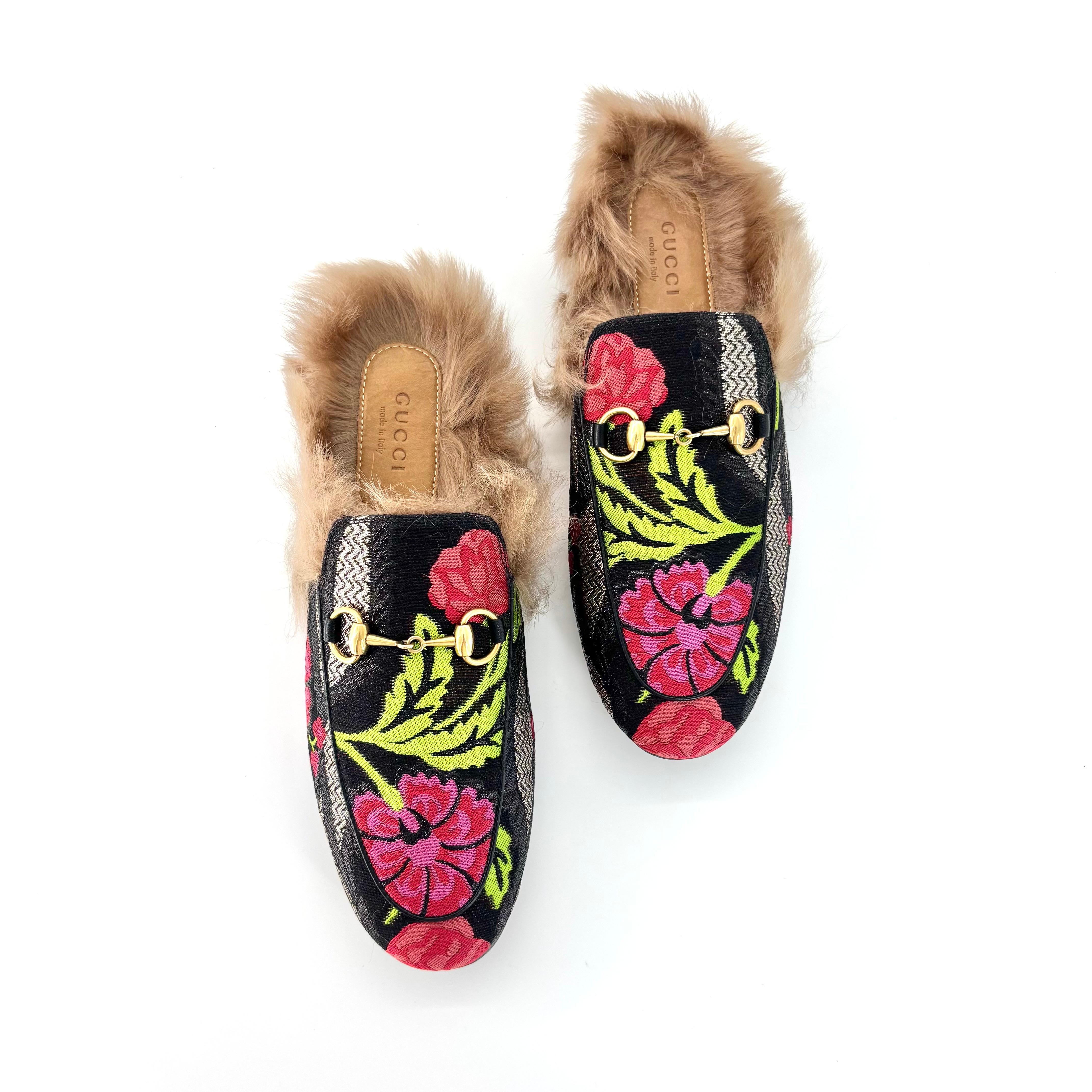 Beige Gucci Tapisserie Brocart Fourrure Doublure Princetown Mules Slip On Flats 36.5 en vente