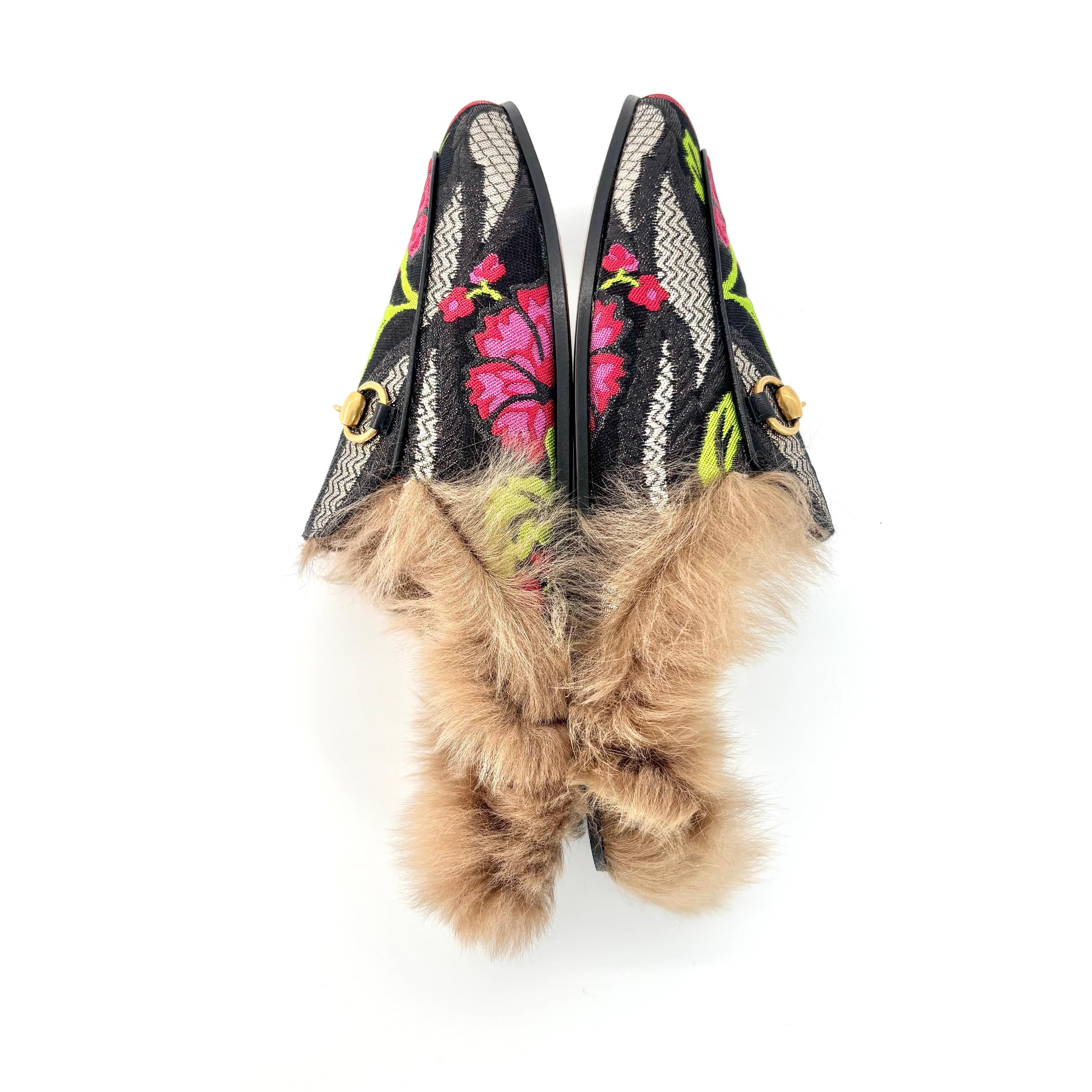 Gucci Tapisserie Brocart Fourrure Doublure Princetown Mules Slip On Flats 36.5 Bon état - En vente à Mechanicsville, VA