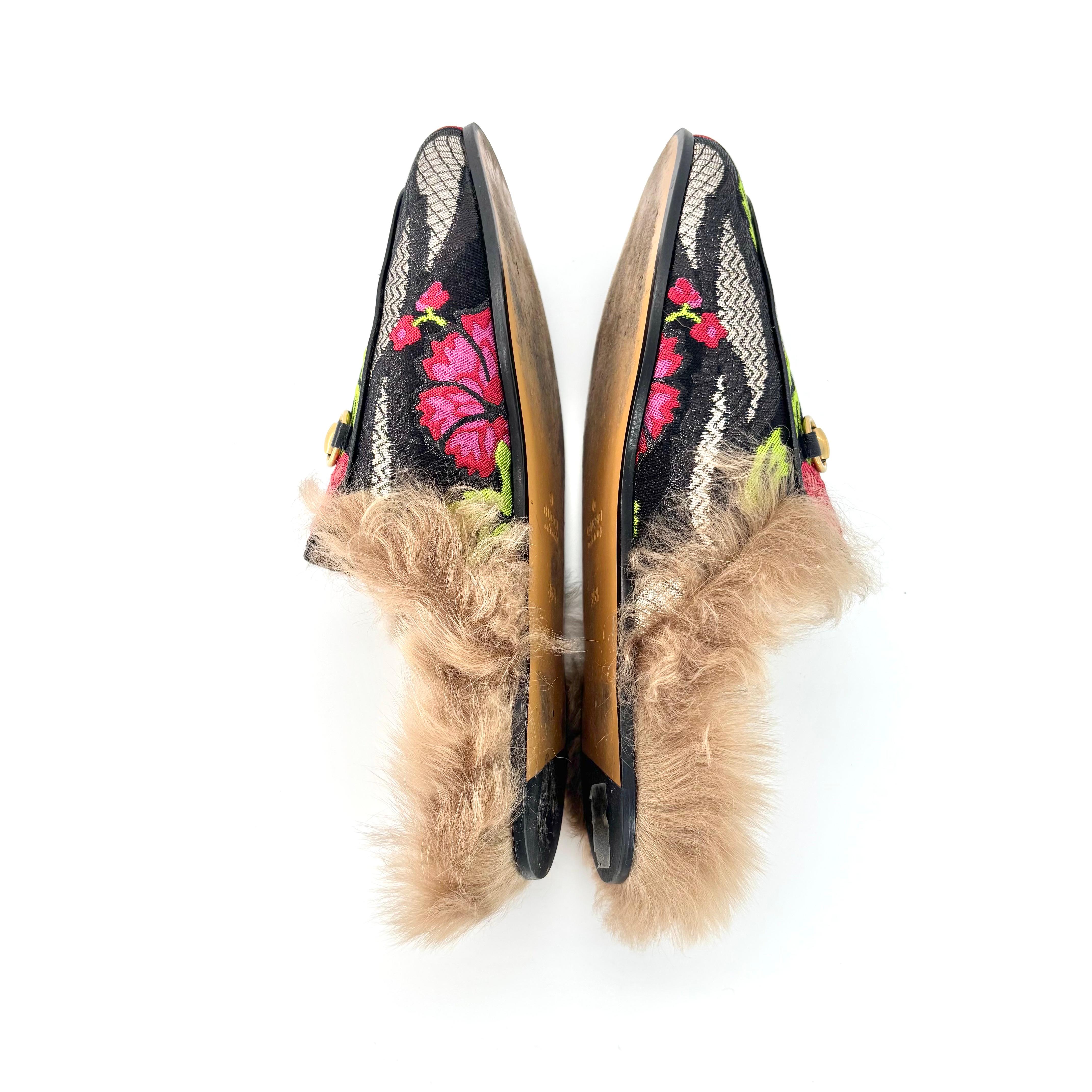 Gucci Tapisserie Brocart Fourrure Doublure Princetown Mules Slip On Flats 36.5 Pour femmes en vente