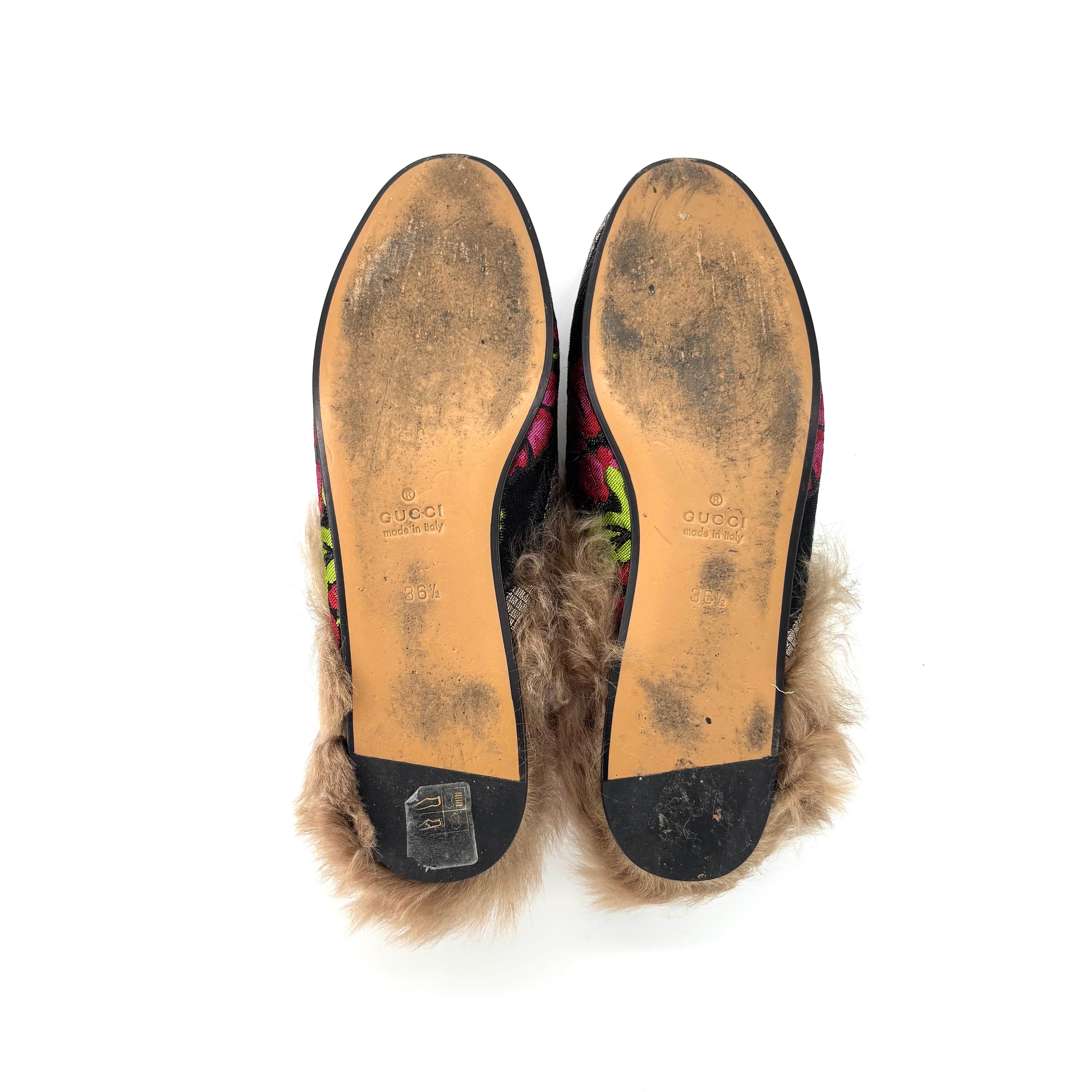 Gucci Tapisserie Brocart Fourrure Doublure Princetown Mules Slip On Flats 36.5 en vente 1