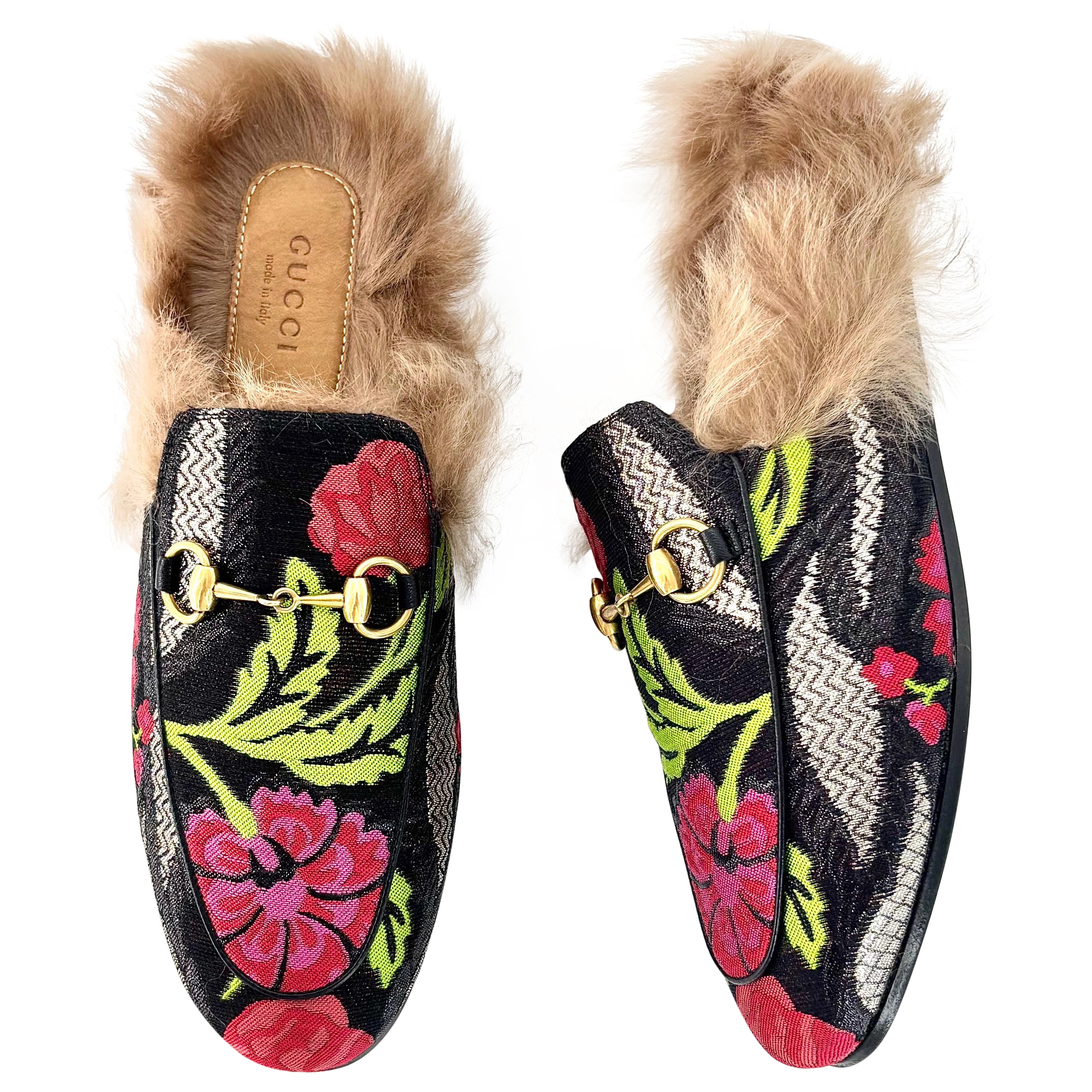 Gucci Tapisserie Brocart Fourrure Doublure Princetown Mules Slip On Flats 36.5