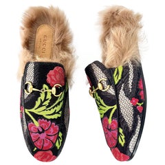 Gucci Tapestry Brocade Fur Lined Princetown Mules Slip On Flats 36.5
