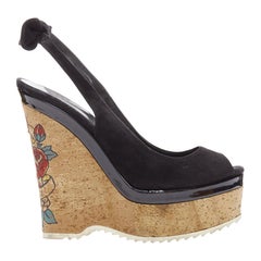 GUCCI Tattoo Heart brown cork black suede patent leather wedge heels EU36.5