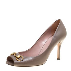 Gucci Taupe Brown Leather Horsebit Peep Toe Pumps Size 38.5