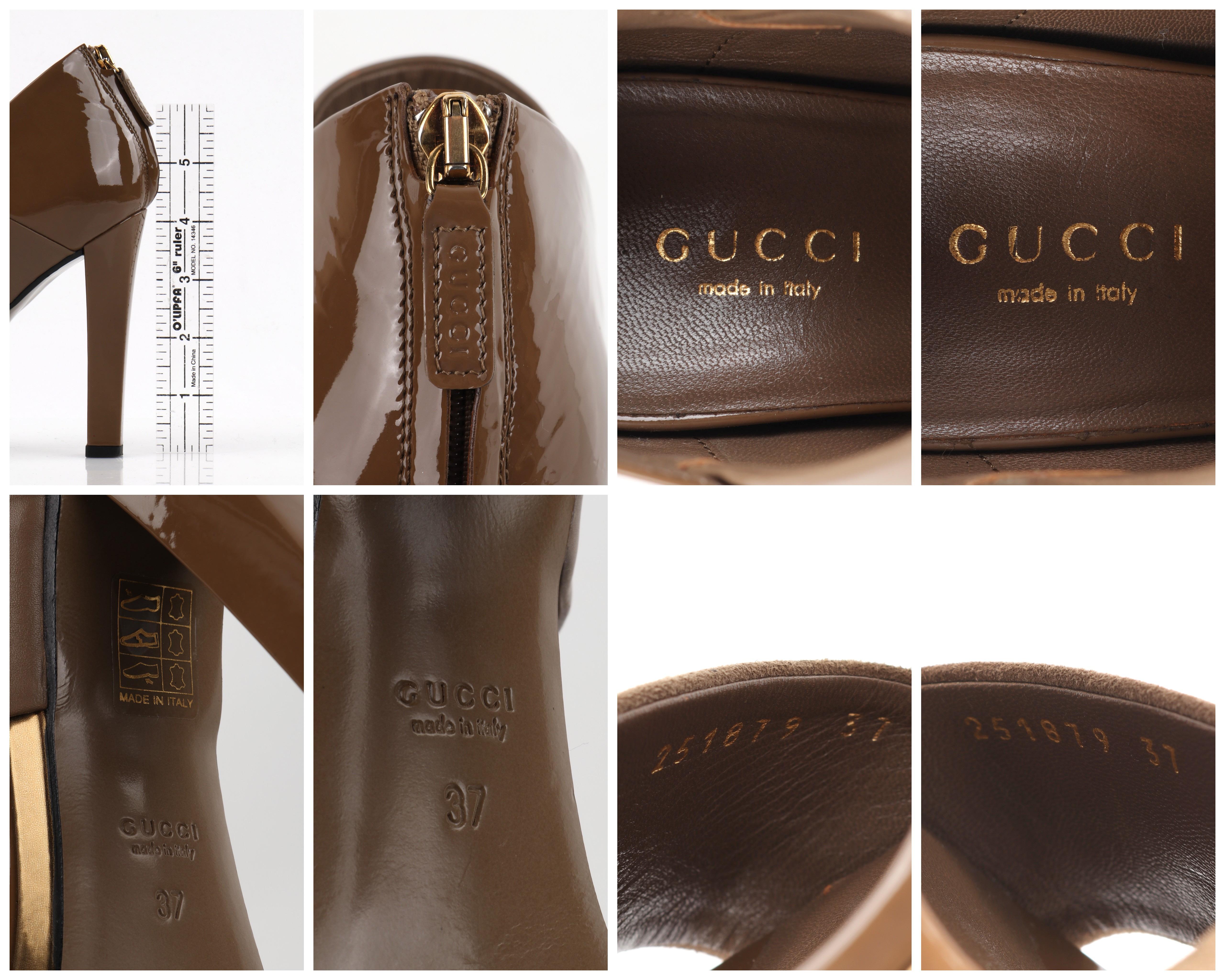 Gucci - Chaussures à talon en cuir verni et daim marron taupe à bout ouvert, point. 37 en vente 5