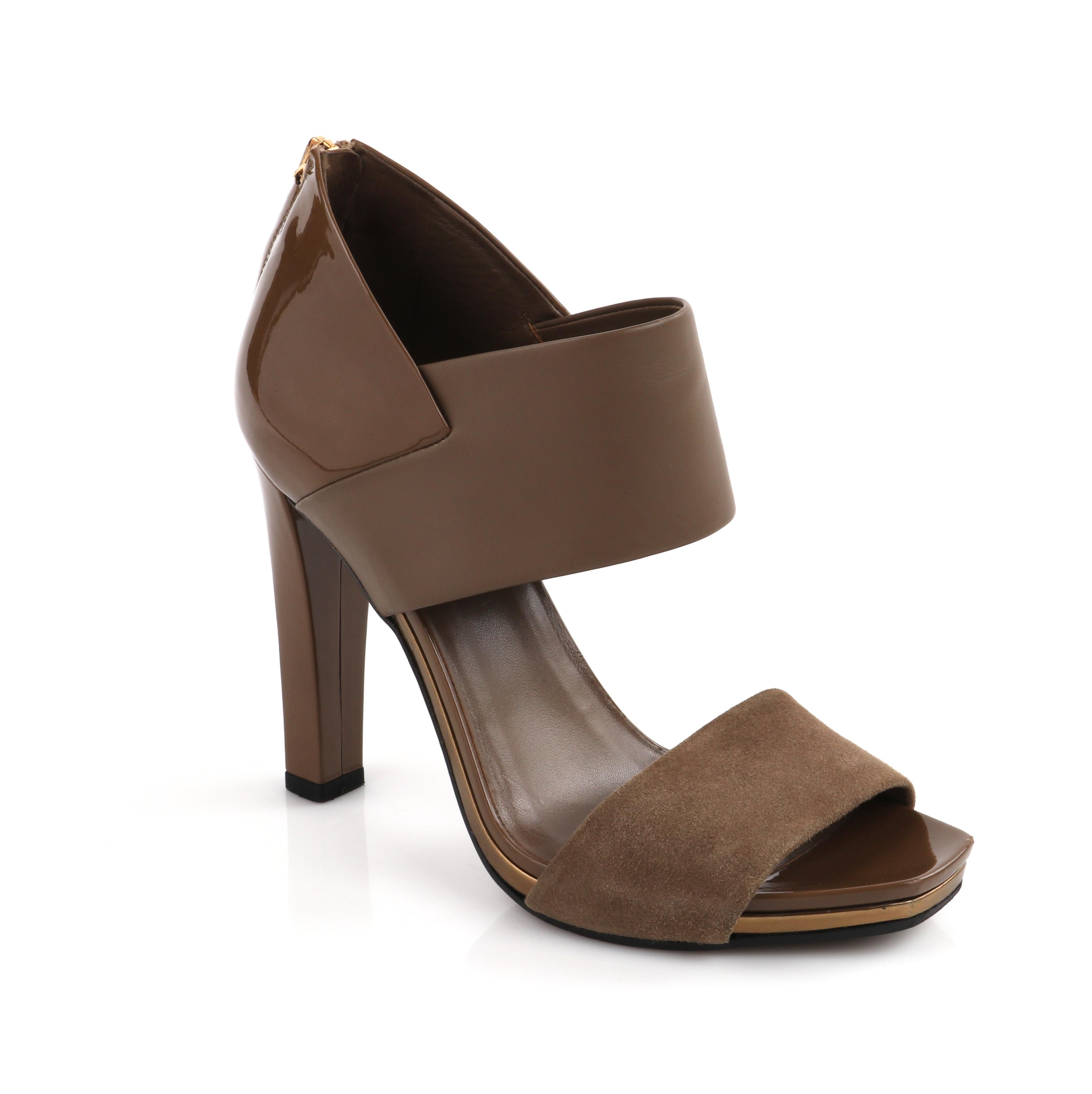 GUCCI Taupe Brown Patent Leather & Suede Vamp Open Toe Heel
 
Brand / Manufacturer: Gucci 
Marked Size: “37”
Style: Open toe heel
Color(s): Shades of taupe brown
Unmarked Materials (feel of): Suede (vamp); leather (top strap, insole); patent leather