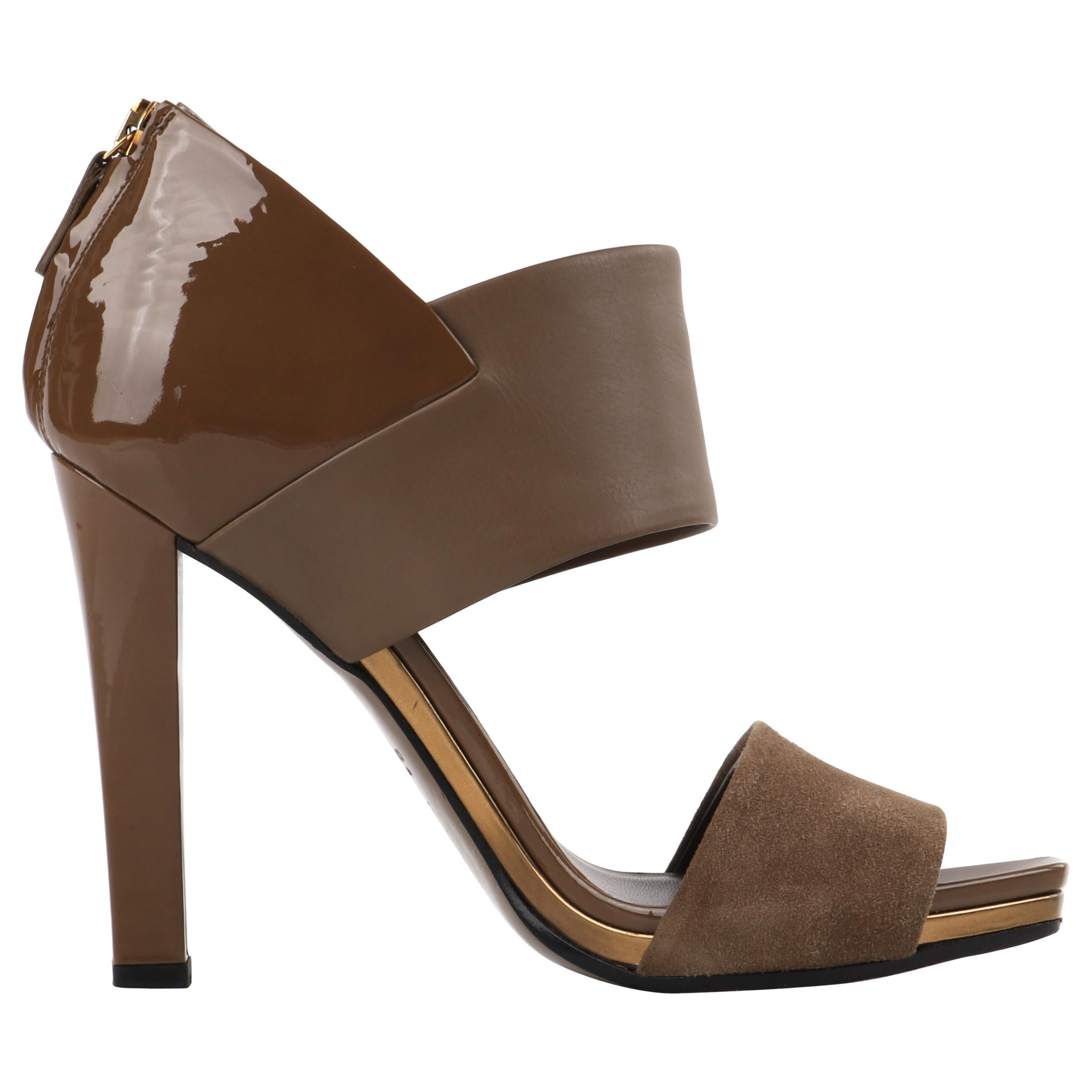 GUCCI Taupe Brown Patent Leather & Suede Vamp Open Toe Heel - Size 37 For Sale