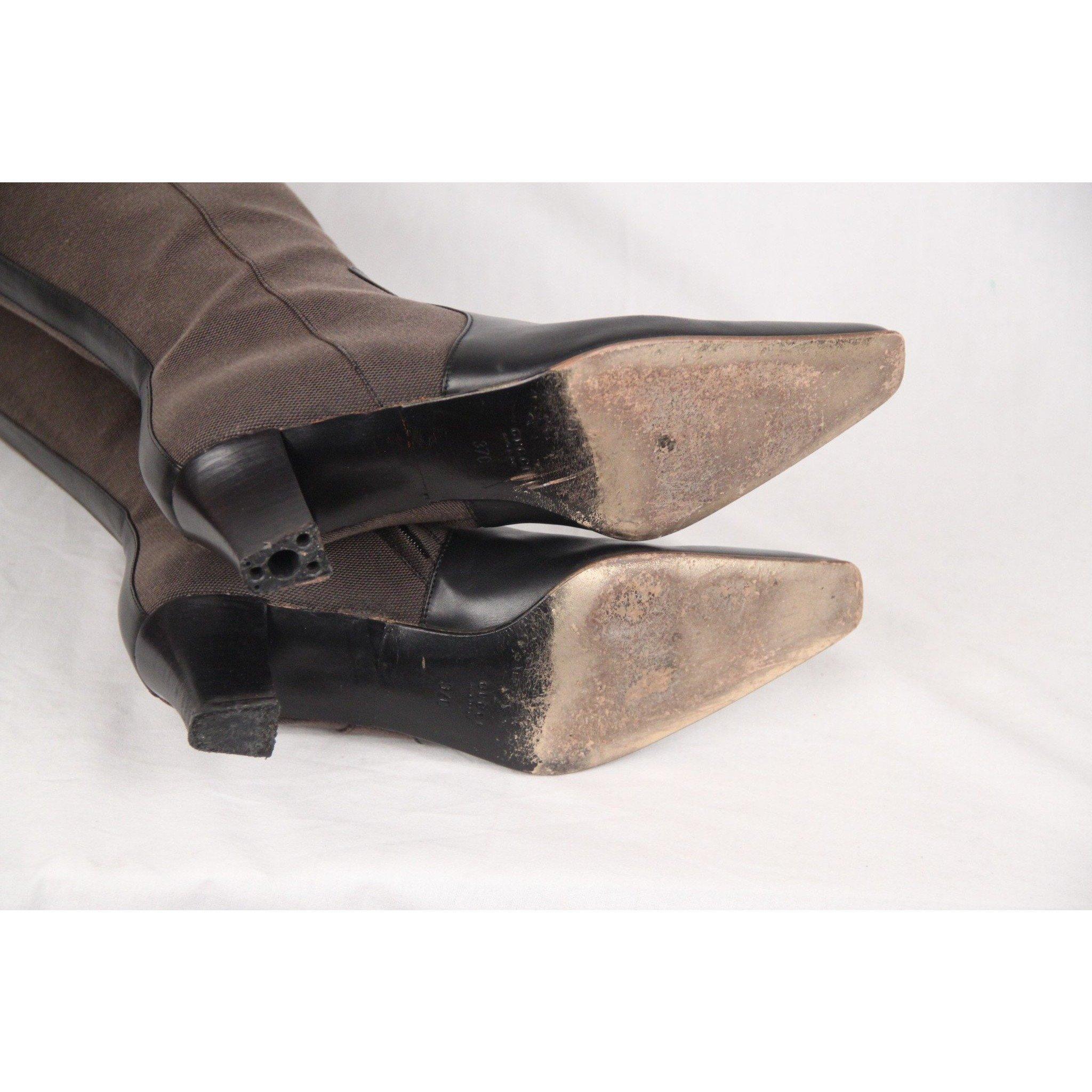 GUCCI Taupe Fabric HEELED BOOTS w/ LEATHER TOES Size 37 In Excellent Condition In Rome, Rome