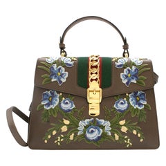 Gucci Taupe Floral Embroidered Sylvie Top Handle Bag