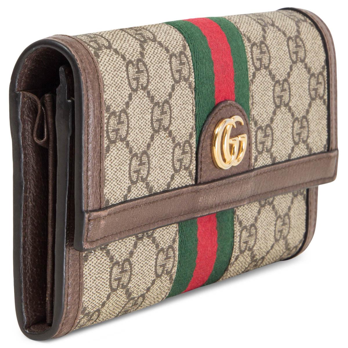 100% authentic Gucci GG Supreme Ophidia Continental Wallet combines the signature motif with the green/red Web stripe—a timeless pairing that pays homage to Gucci's roots and beige/ebony GG Supreme canvas with brown leather trim. Opens with a snap
