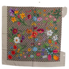 GUCCI taupe & multicolor silk GG FLORA 90 Scarf