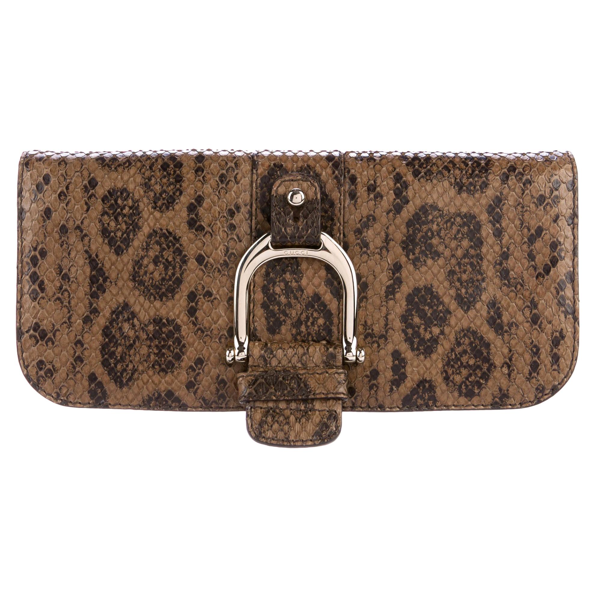 Gucci Taupe Snakeskin Leather Gold Horsebit Evening Envelope Flap Clutch Bag